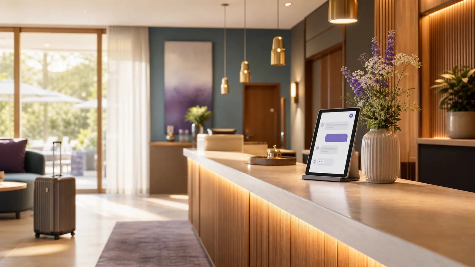 Helle Hotelrezeption mit digitalem Assistenten für Gästefragen