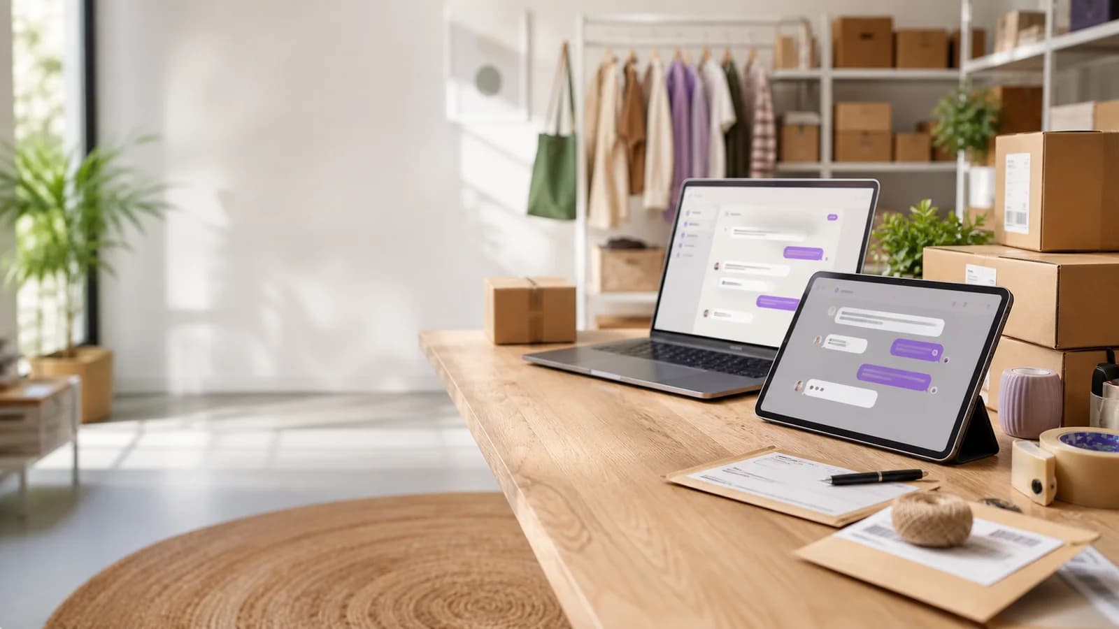 Online-Shop Arbeitsplatz mit digitalem Assistenten für Support-Anfragen