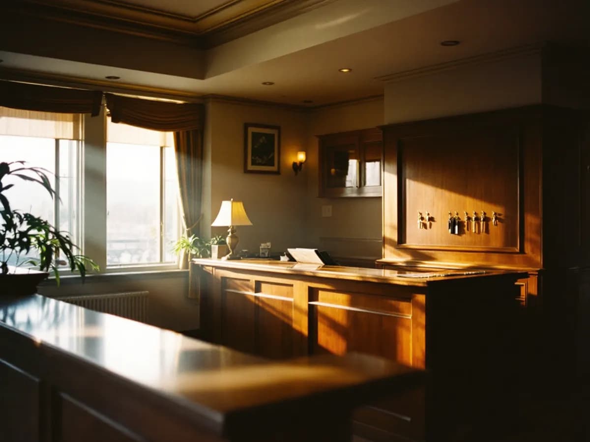 Hotelrezeption im warmen Morgenlicht